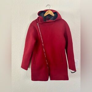 Red Utility Jacket with Asymmetrical Zipper and Minimalist Design